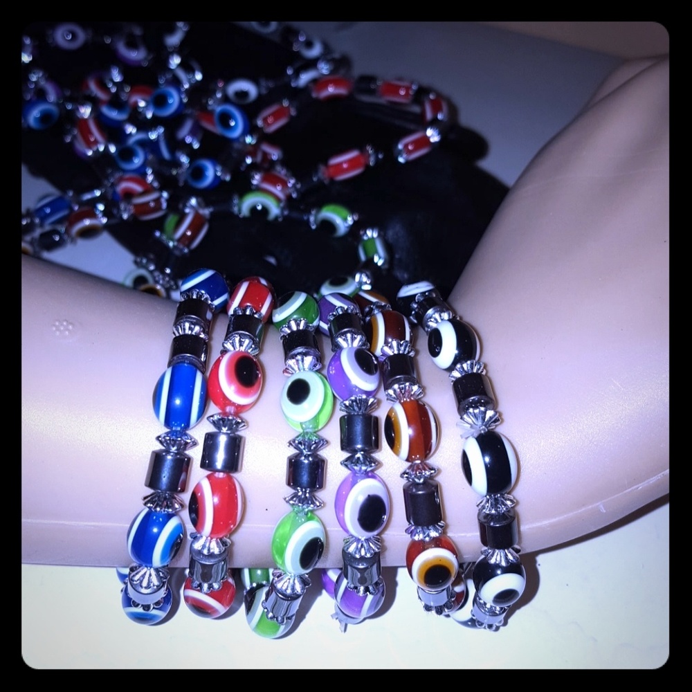 Greek evil eye stretch hematite resin bead braclet